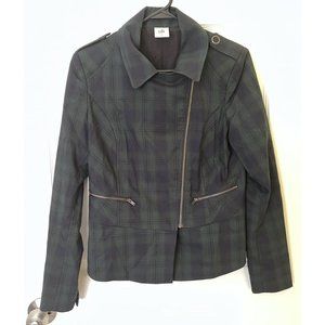 Cabi Tartan Plaid Moto Jacket Size 2 Women’s Blazer Asymmetrical Green Navy Blue